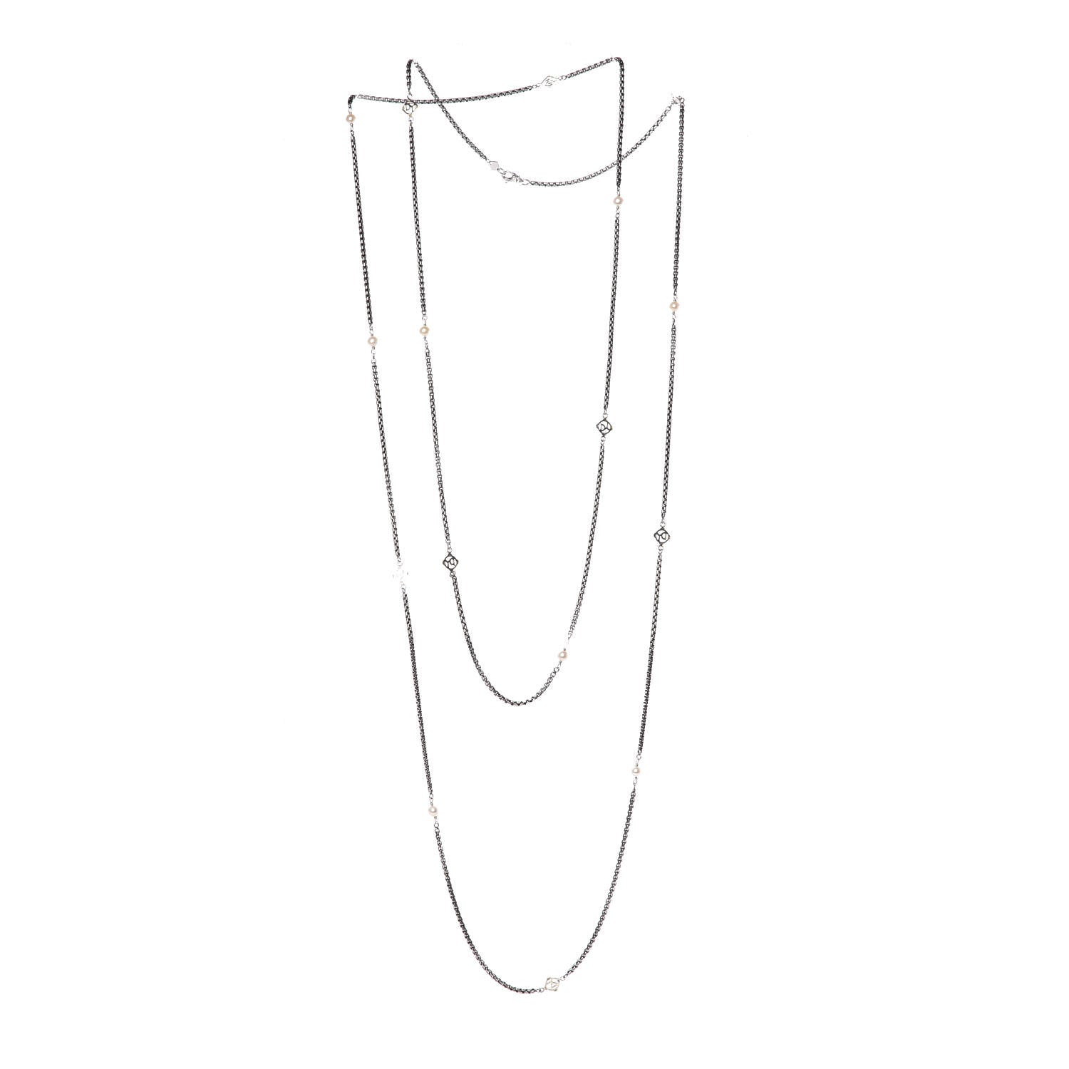 David Yurman Sterling Silver 14K Yellow Gold Pearl Logo Station Necklace 72" 3 of 4