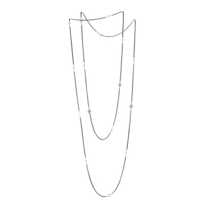 David Yurman Sterling Silver 14K Yellow Gold Pearl Logo Station Necklace 72" 3 of 4