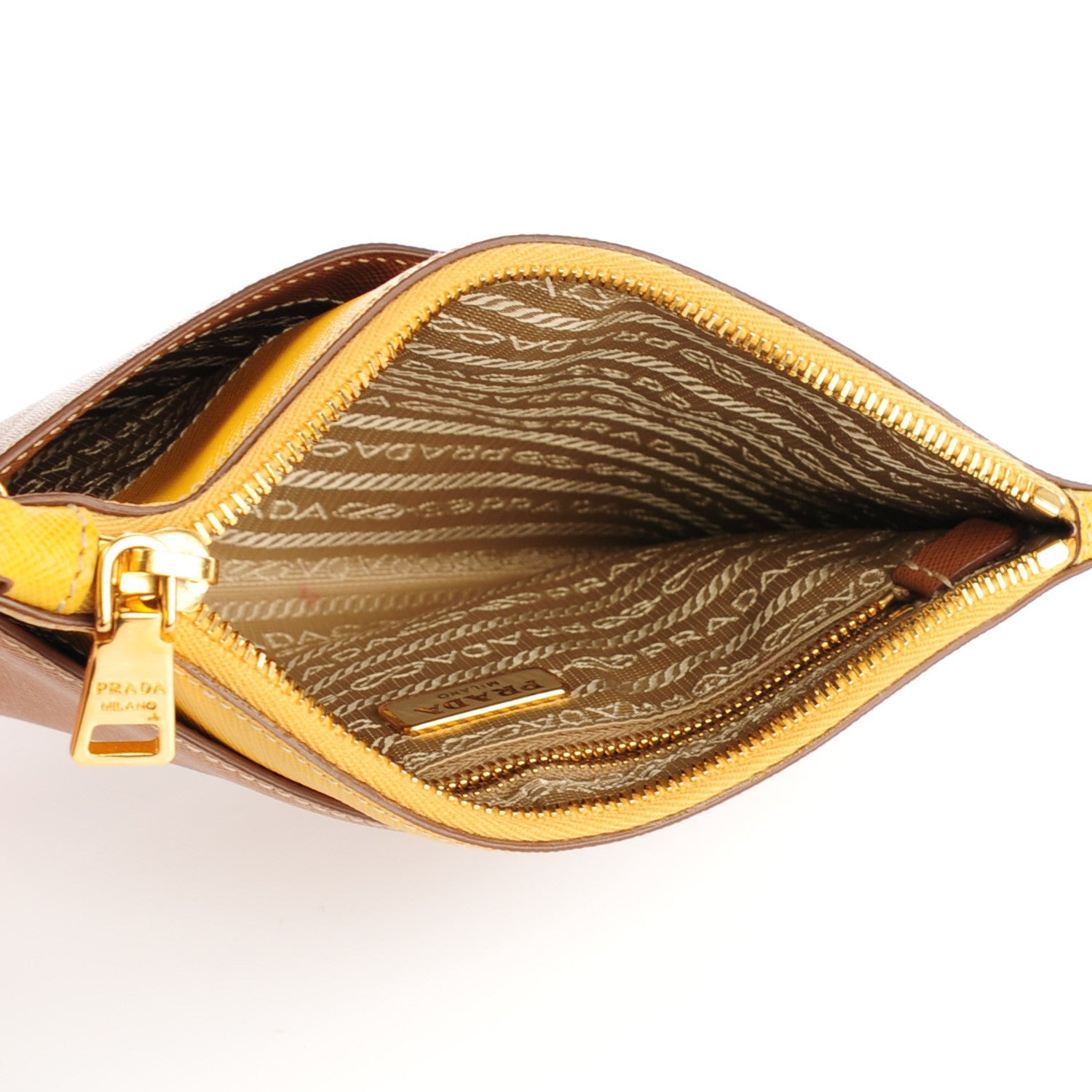 Prada Saffiano Bi-Color Wristlet Clutch Caramel Mimosa 5 of 9