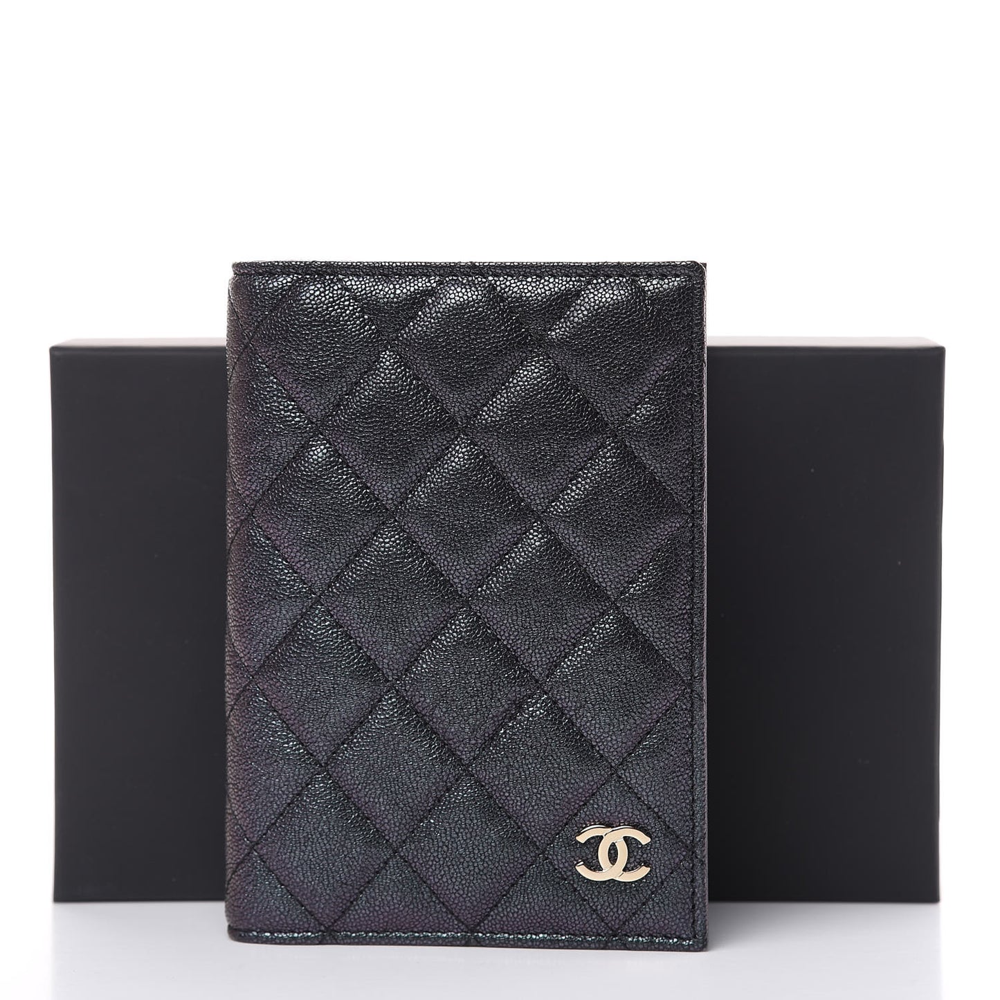 Iridescent Caviar Quilted Passport Holder Black