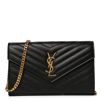 Saint Laurent Grain De Poudre Matelasse Chevron Monogram Chain Wallet Black 1 of 11