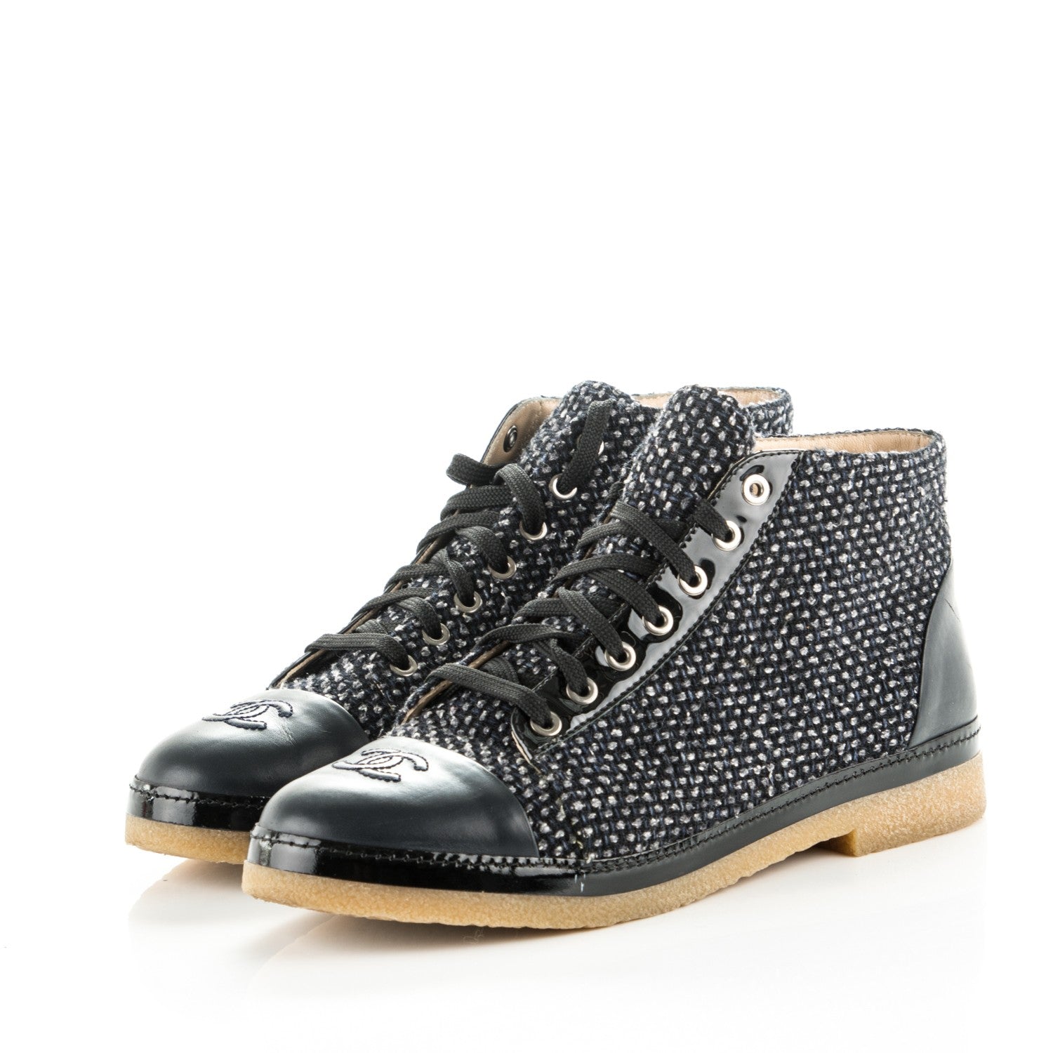 Chanel Tweed Calfskin Patent CC Lace Up Short Boots 40.5 Black Grey Dark Navy 3 of 7