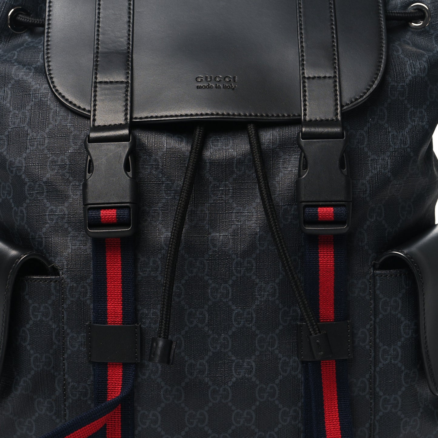 Soft GG Supreme Monogram Calfskin Web Double Buckle Backpack Black