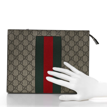 Gucci GG Supreme Monogram Selleria Calfskin Web New Web Cosmetic Case Beige Ebony Cocoa 3 of 9