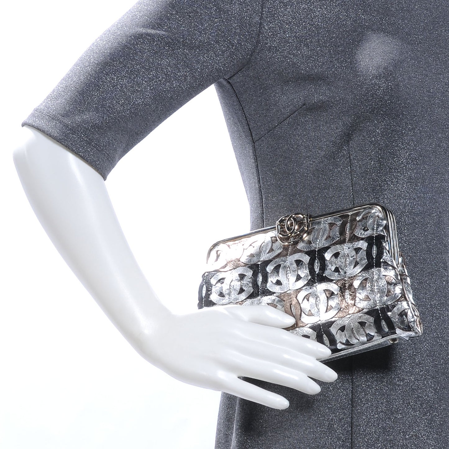 Calfskin Crackled CC Mix Frame Clutch Gold Silver