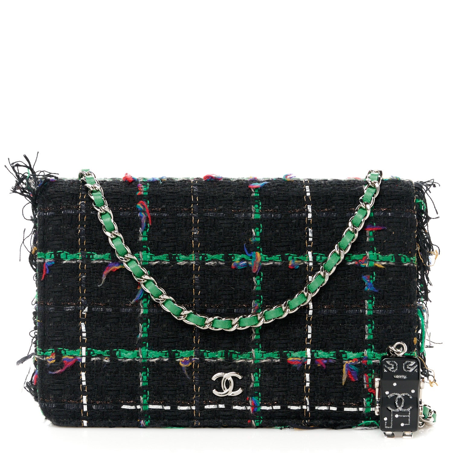 Chanel Tweed Fringe Wallet On Chain WOC Black Green 1 of 12