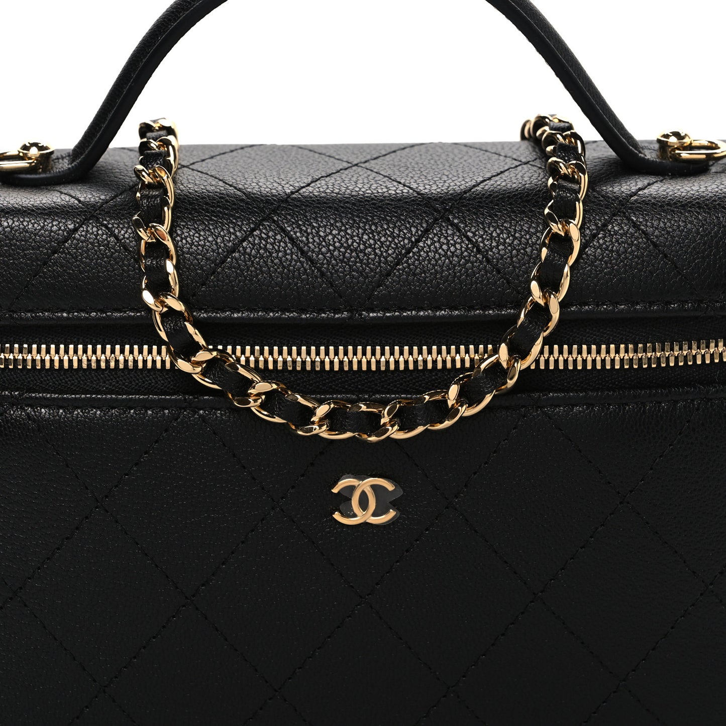 Goatskin Quilted Top Handle Slim Vanity With Chain Black