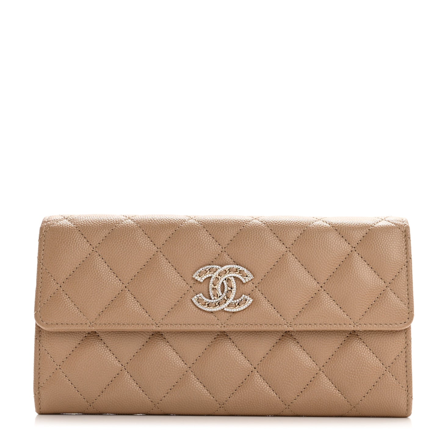 Caviar Quilted Crystal CC Large Gusset Flap Wallet Beige