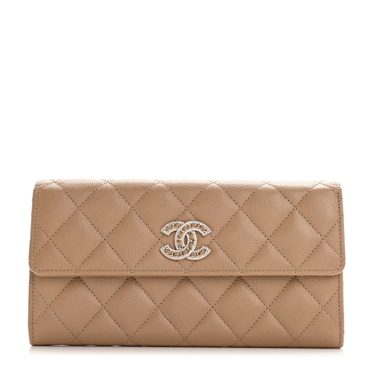 Chanel Caviar Quilted Crystal CC Large Gusset Flap Wallet Beige 1 of 9