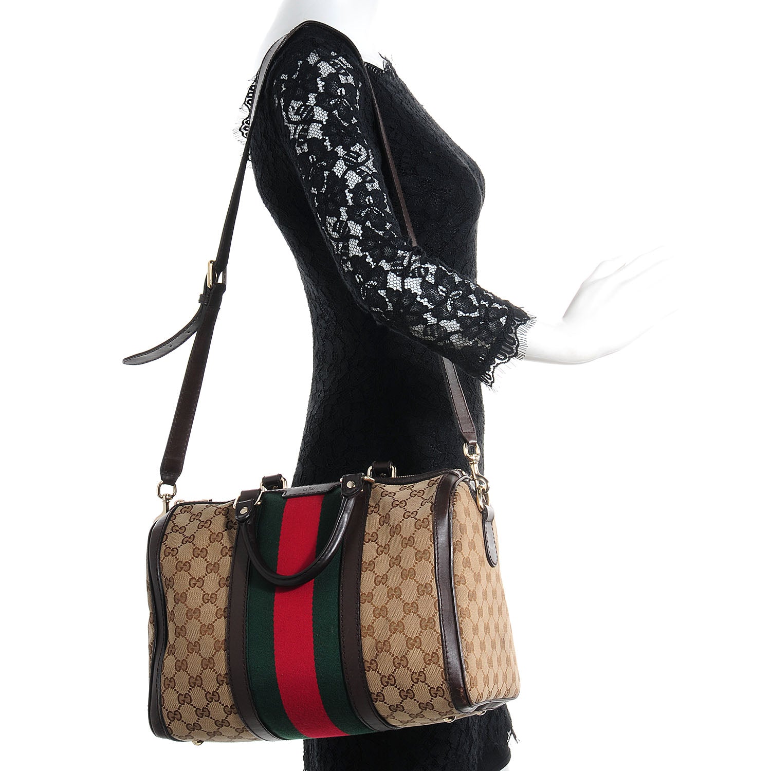 Gucci Monogram Selleria Calfskin Vintage Web Medium Boston Beige Ebony Cocoa 2 of 9