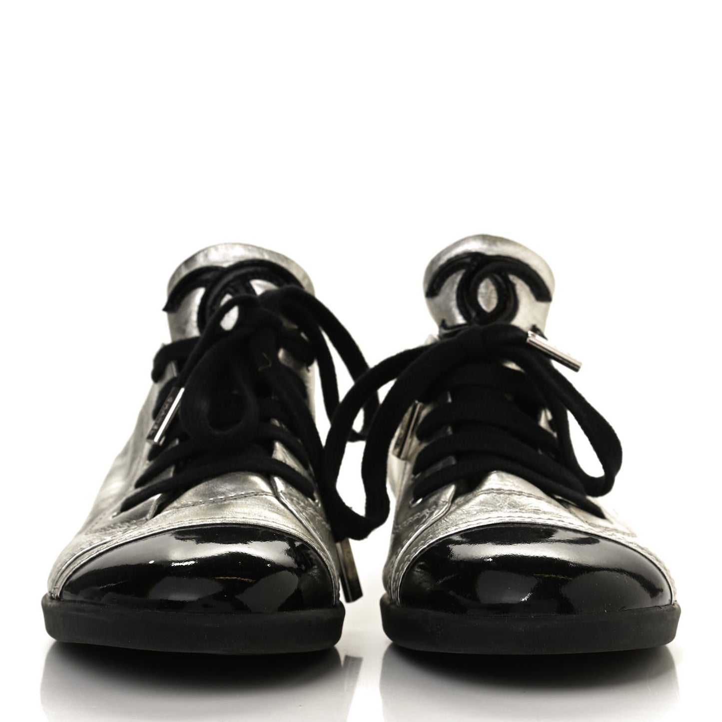 Metallic Lambskin Patent Cap Toe CC Sneakers 39.5 Silver Black