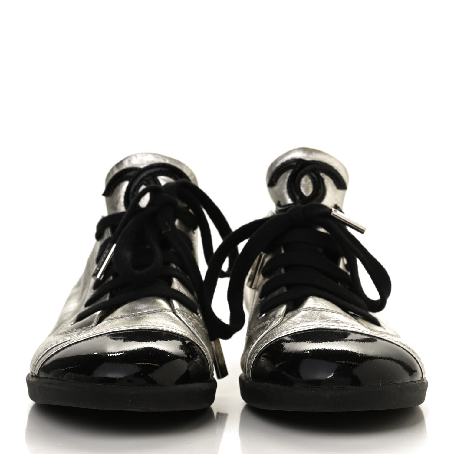 Chanel Metallic Lambskin Patent Cap Toe CC Sneakers 39.5 Silver Black 3 of 17