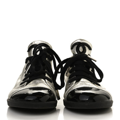 Chanel Metallic Lambskin Patent Cap Toe CC Sneakers 39.5 Silver Black 3 of 17