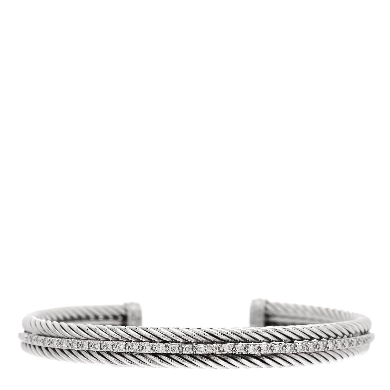 David Yurman Sterling Silver 14K White Gold Diamond 7mm Cable Classics Cuff Bracelet 1 of 4