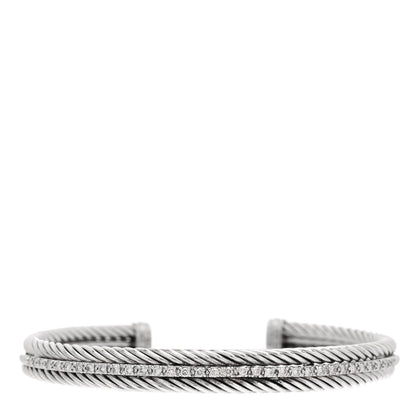 David Yurman Sterling Silver 14K White Gold Diamond 7mm Cable Classics Cuff Bracelet 1 of 4