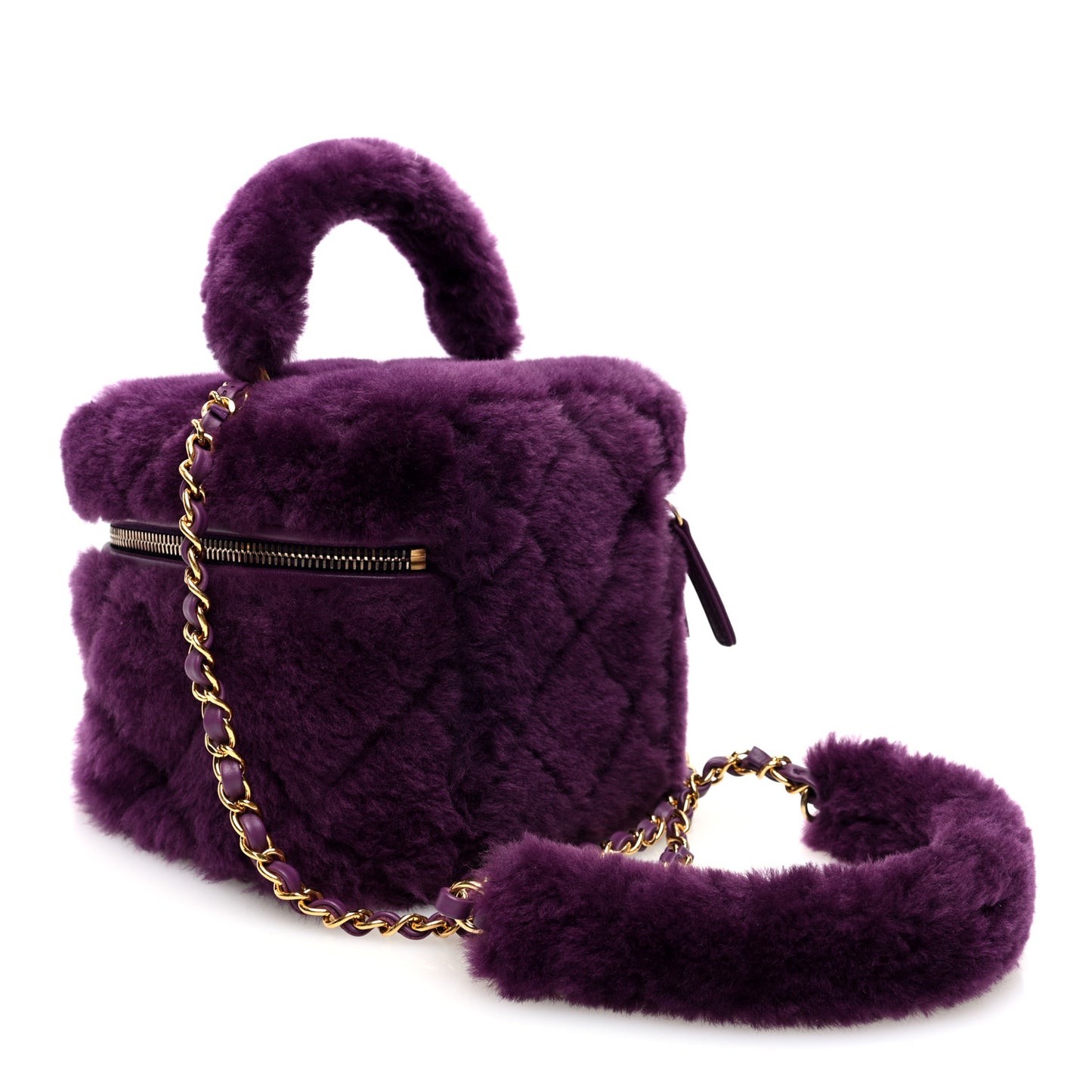 Shearling Lambskin Quilted Small Vanity Case Purple