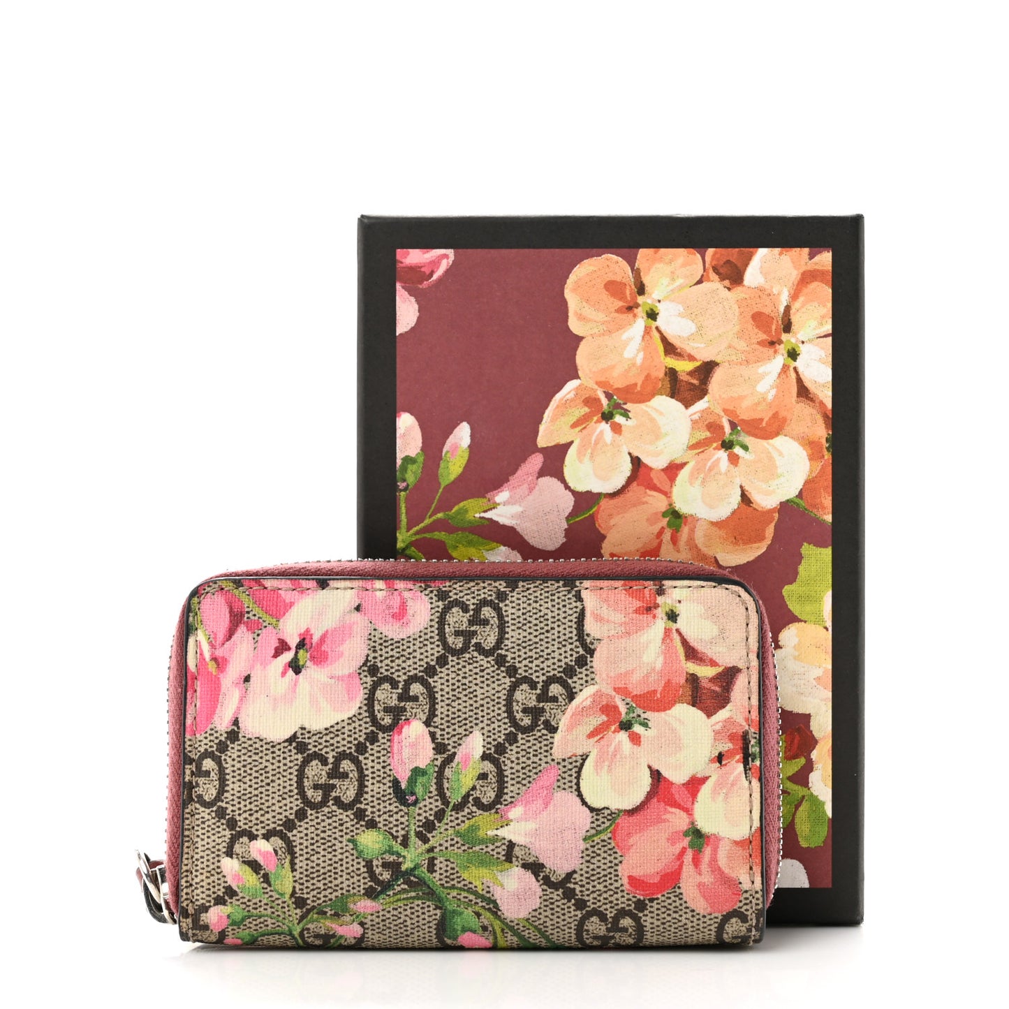 GG Supreme Monogram Blooms Zip Around Card Case Wallet Beige Multicolor Dry Rose