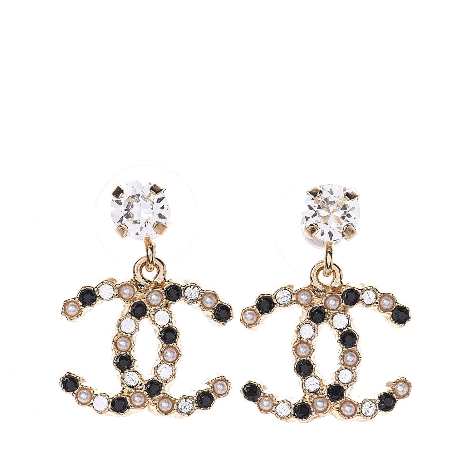 Resin Crystal Pearl CC Drop Earrings Gold Black