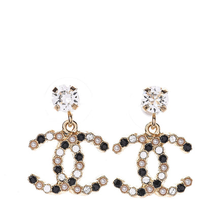 Chanel Resin Crystal Pearl CC Drop Earrings Gold Black 1 of 3