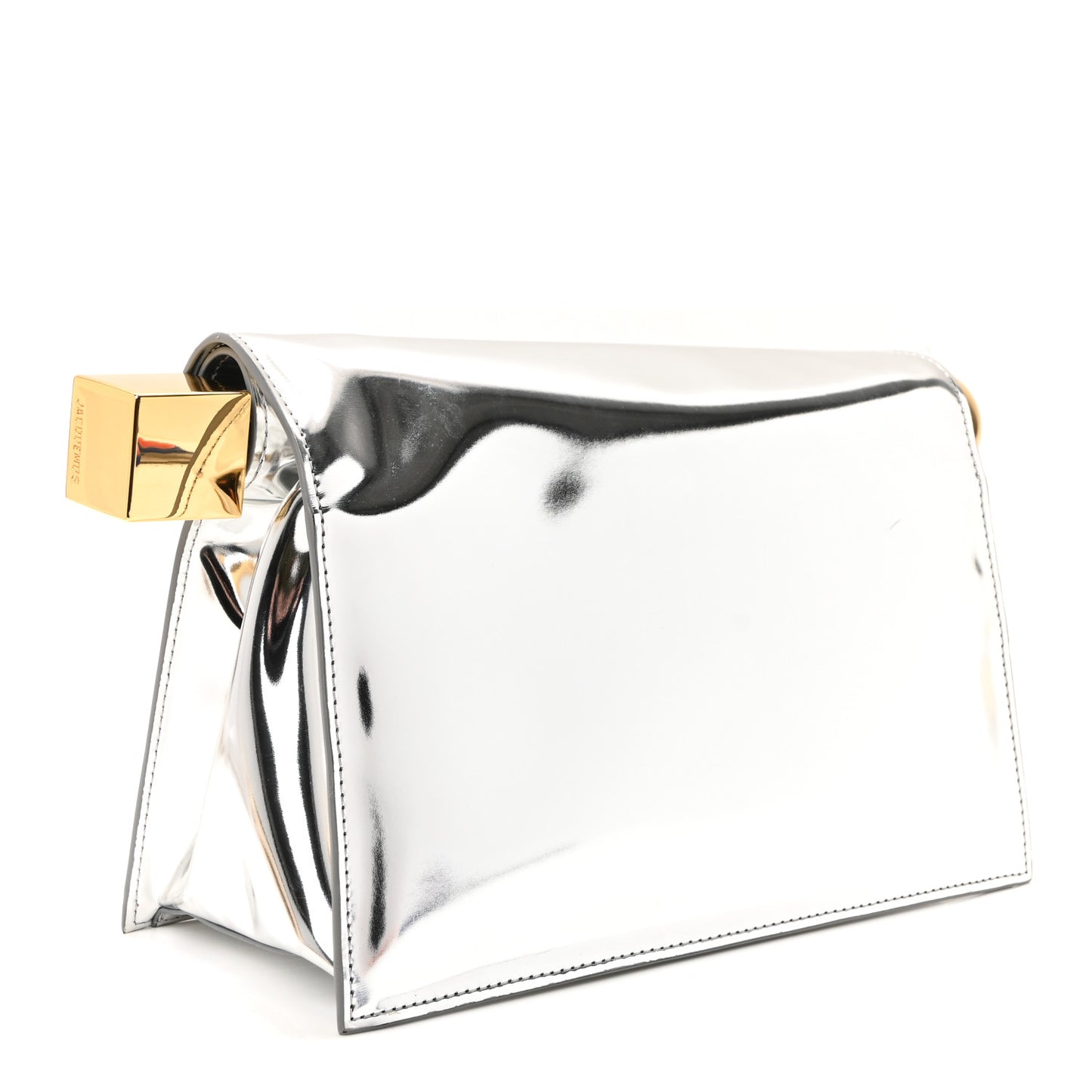 Metallic Patent Calfskin La Pochette Rond Carre Silver