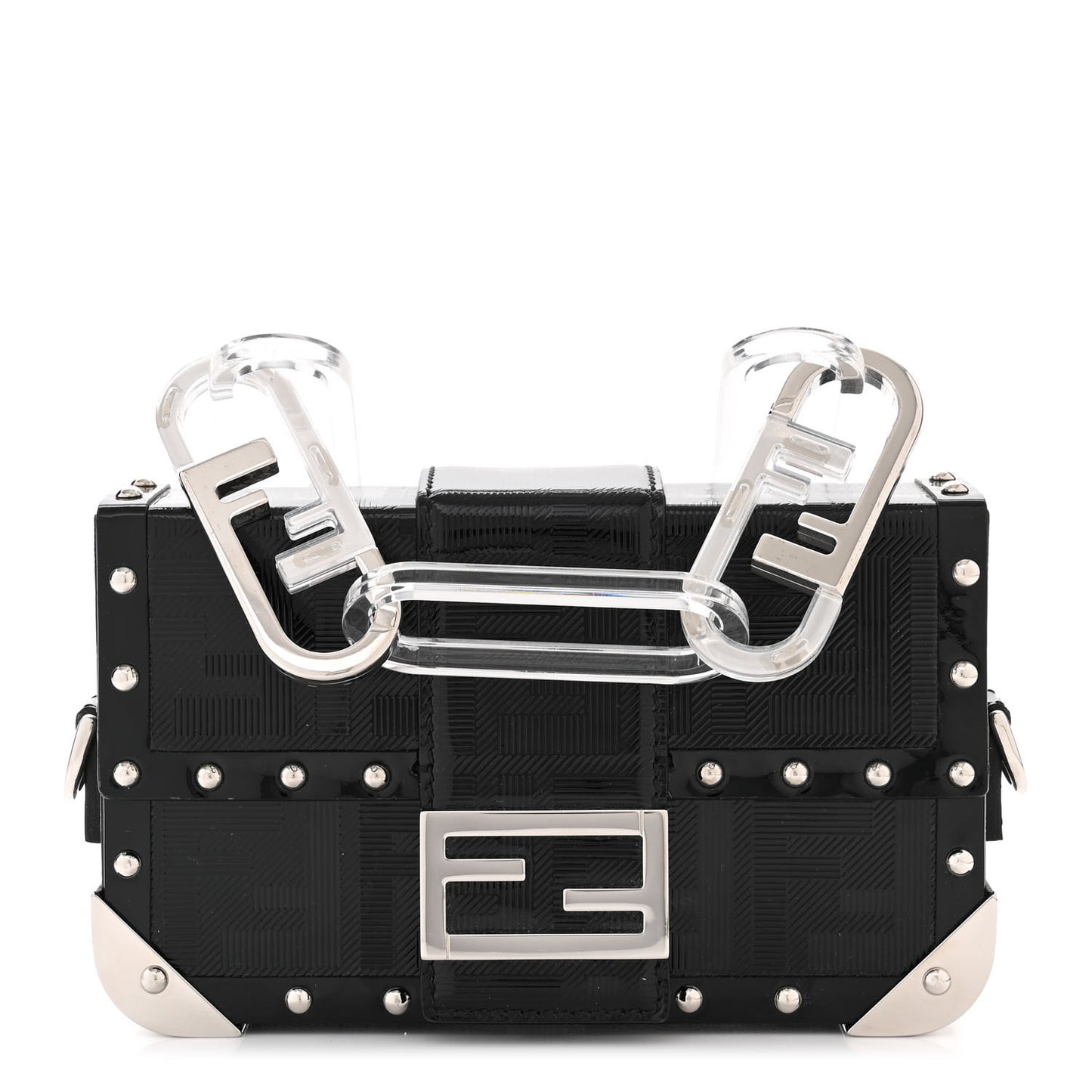 Vitello King Patent FF Lines Embossed Studded Mini Baguette Trunk Black