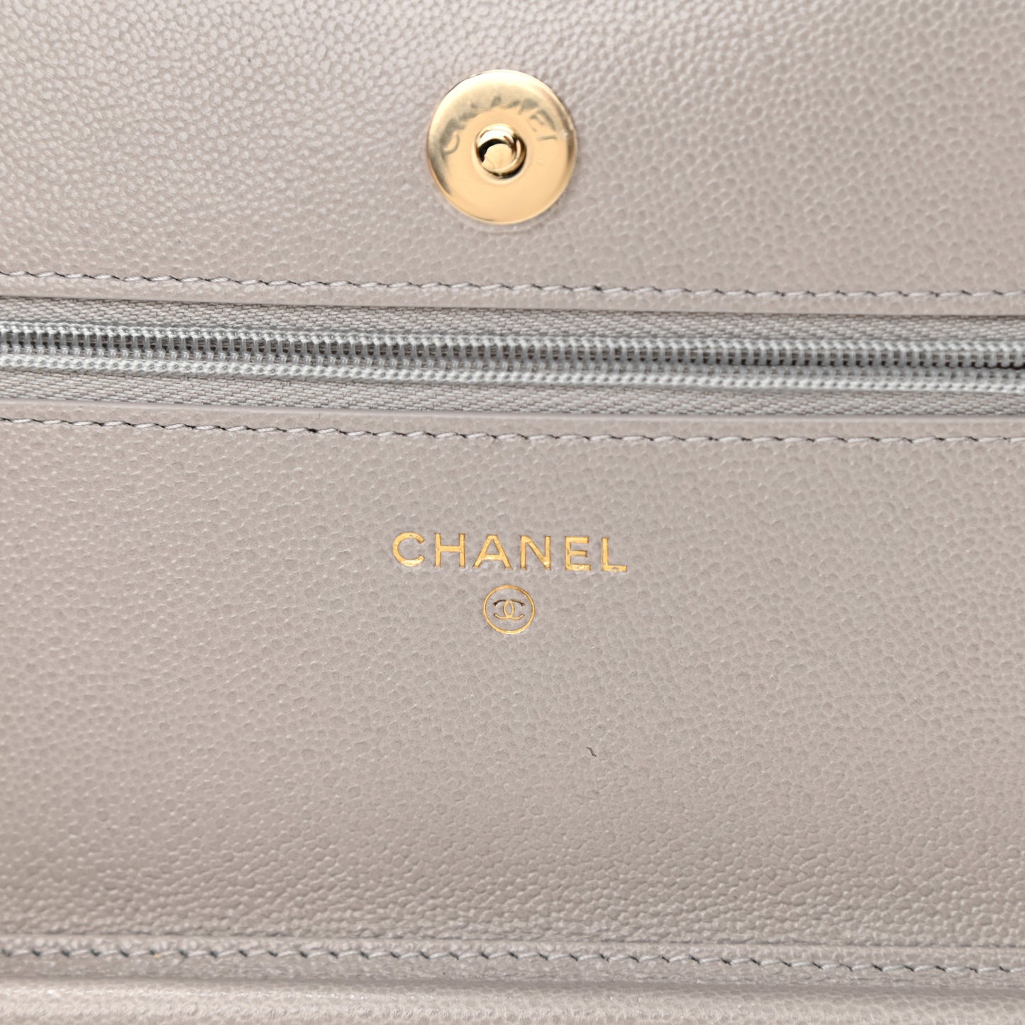 Caviar Quilted Studded CC Wallet On Chain WOC Grey