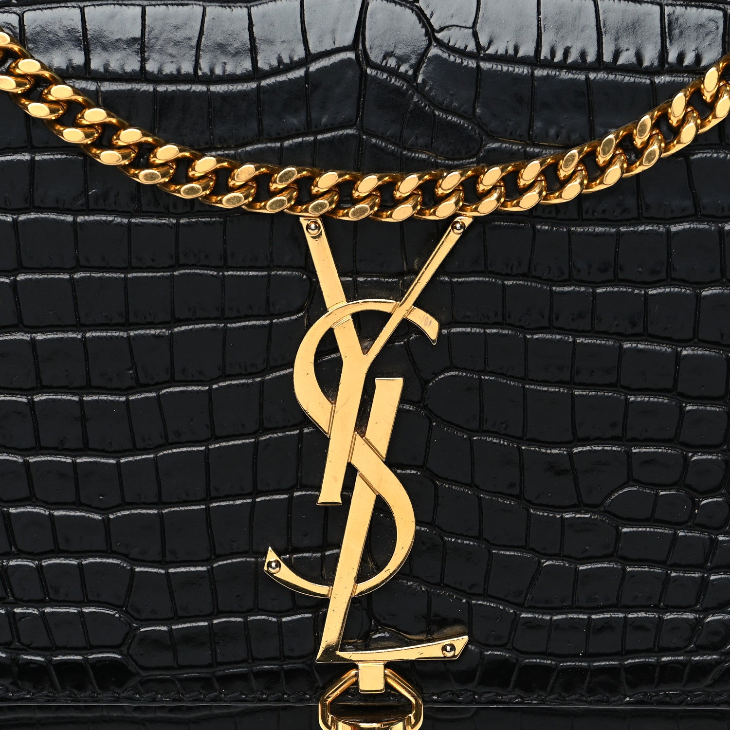 Saint Laurent Calfskin Crocodile Embossed Medium Classic Monogram Kate Tassel Satchel Black 8 of 10
