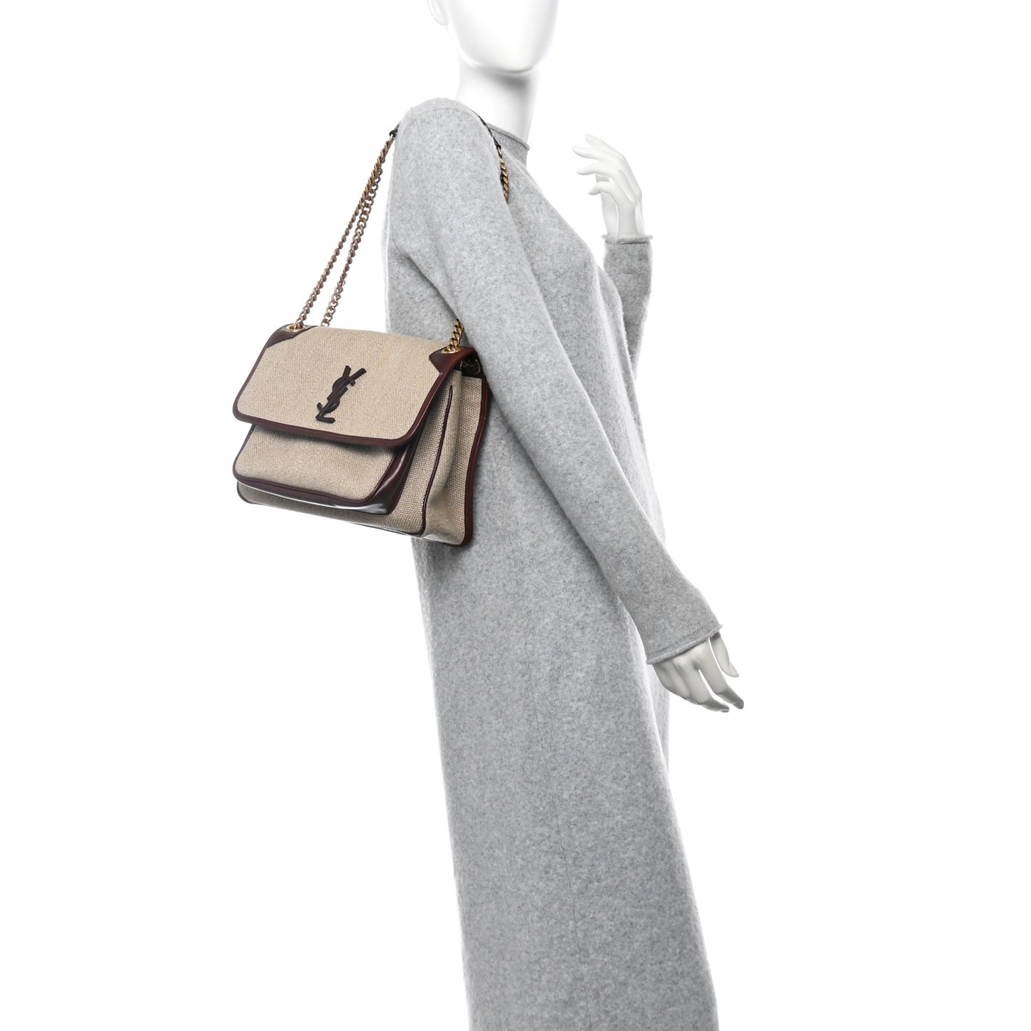Cotton Canvas Vintage Calfskin Monogram Medium Niki Chain Satchel Natural Chocolate