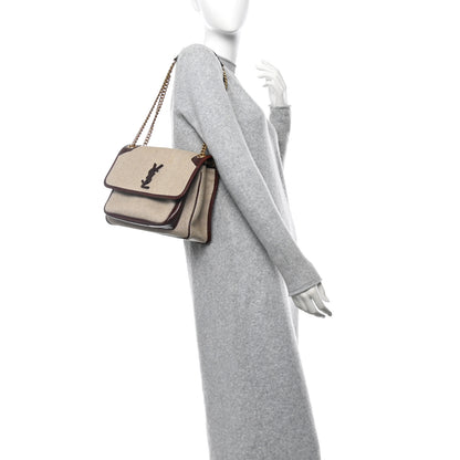 Saint Laurent Cotton Canvas Vintage Calfskin Monogram Medium Niki Chain Satchel Natural Chocolate 2 of 10