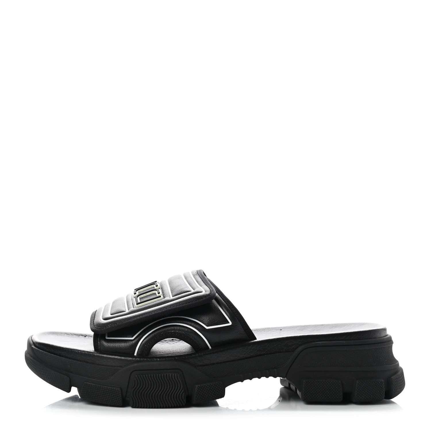 Gucci Nappa Grosgrain Logo Mens Velcro Chunky Slide Sandals 7 Black 1 of 7