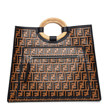 Fendi Vitello Century Wicker FF Embossed Large Runaway Shopper Tote Tobacco Black 1 of 7