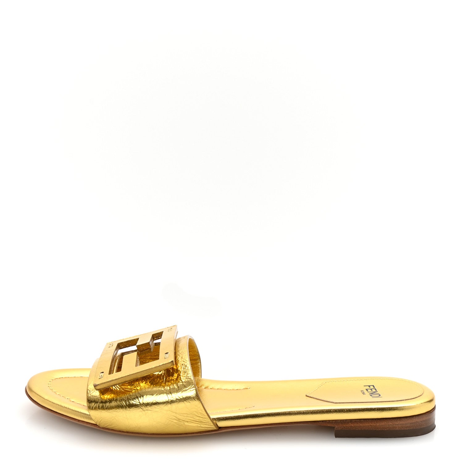 Fendi Nappa Laminata Cuoio Baguette Flat Slide Sandals 36 Gold 1 of 8