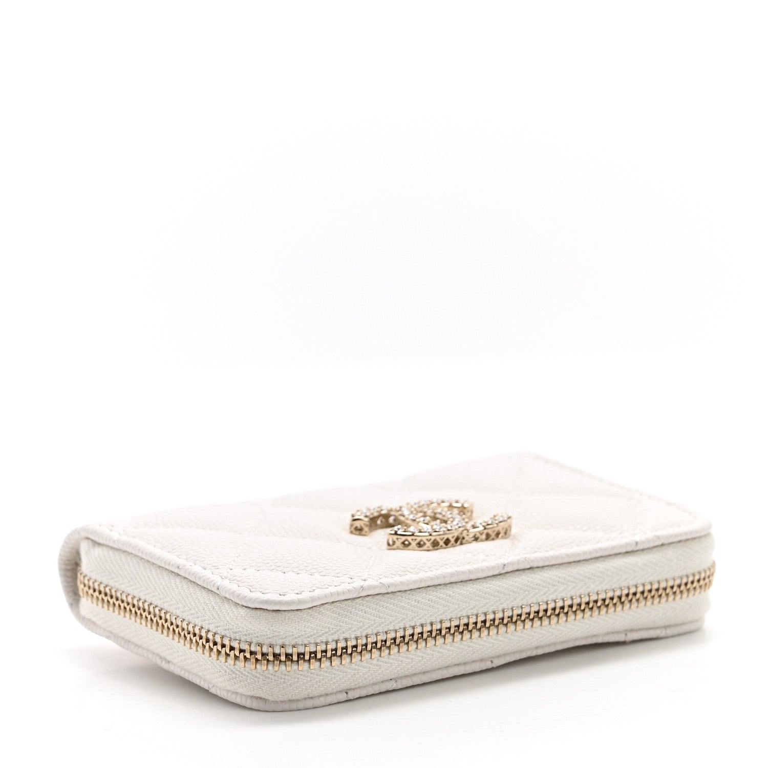 Chanel Caviar Quilted Crystal Zip Around Coin Purse Wallet White 4 of 7