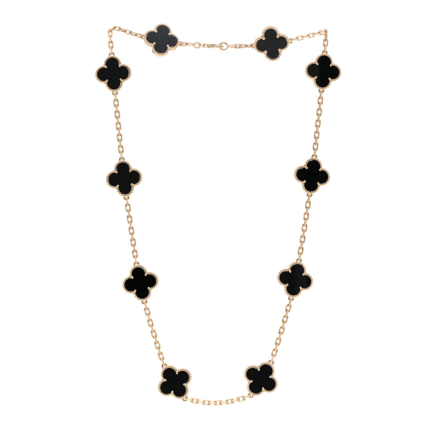 18K Yellow Gold Black Onyx 10 Motifs Vintage Alhambra Necklace