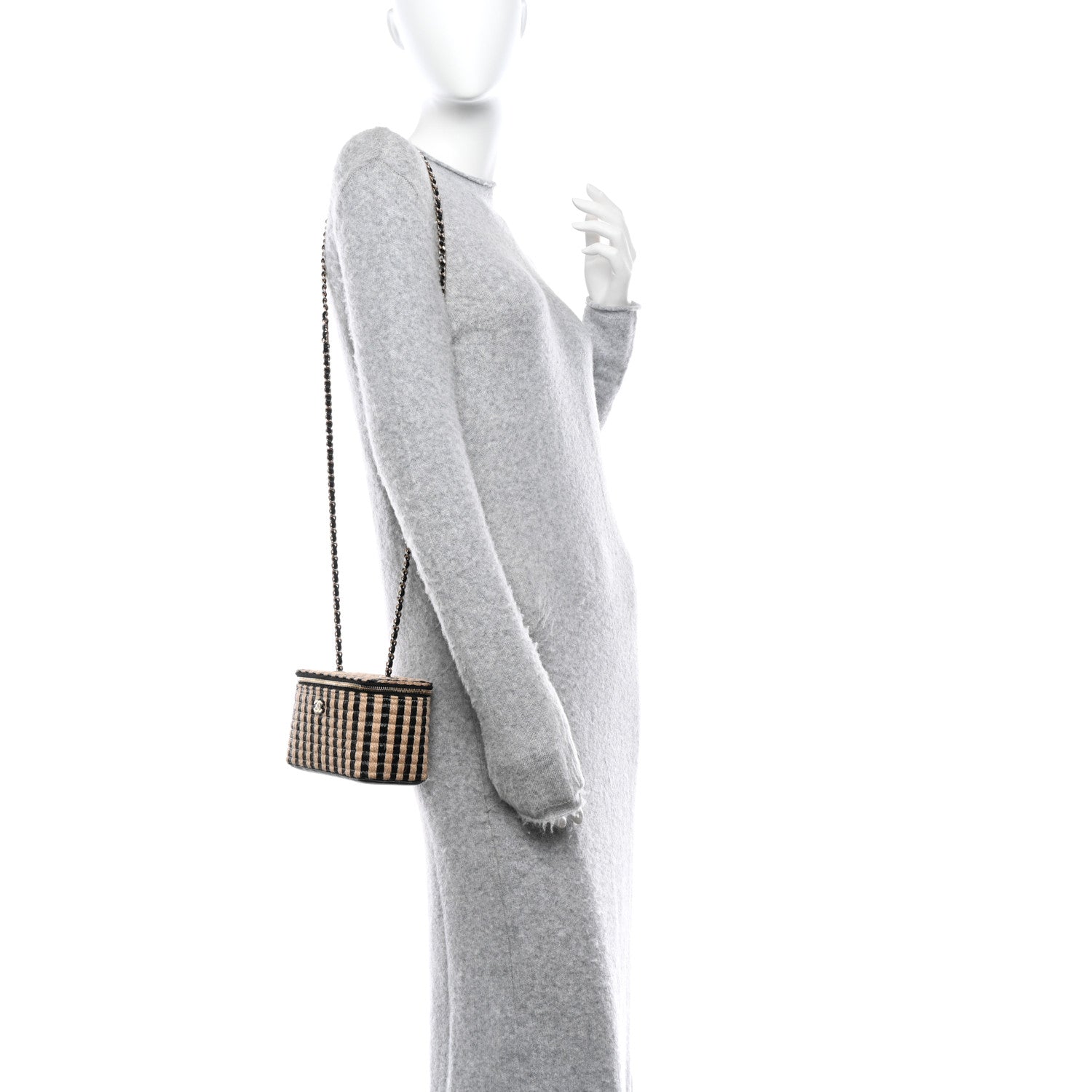 Chanel Raffia Jute Striped Small Vanity Case With Chain Black Beige 2 of 10