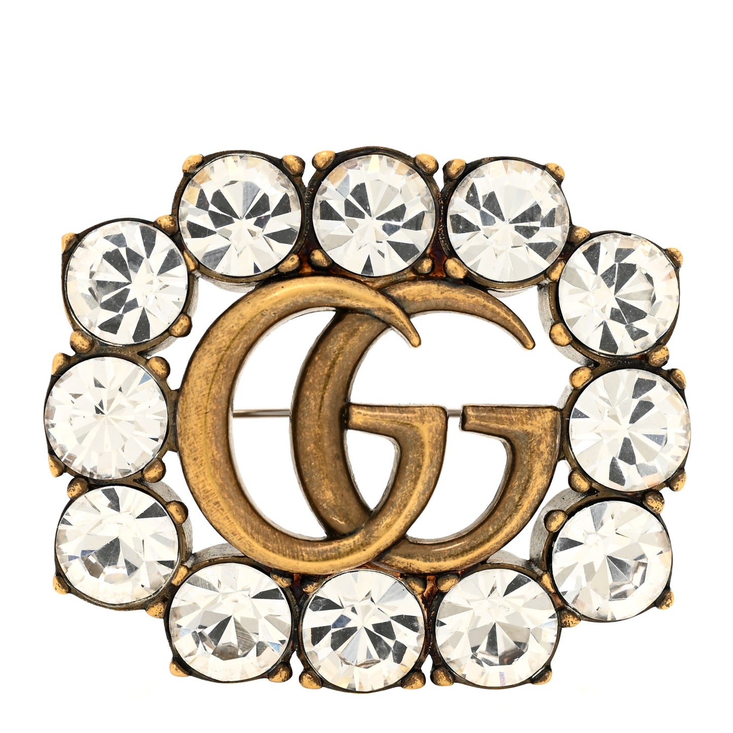 Metal Crystal Double G Brooch Aged Gold