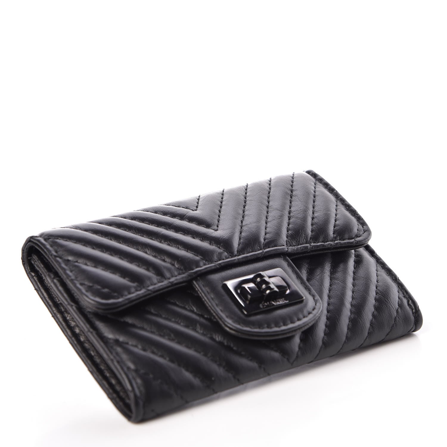 Chanel Aged Calfskin Chevron Quilted Card Holder Wallet So Black 4 of 13