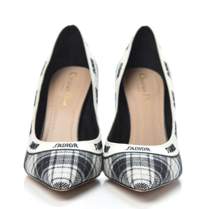 Christian Dior Canvas Ribbon Tartan Print Embroidered J'Adior 100mm Pumps 38.5 Black Off White 2 of 11