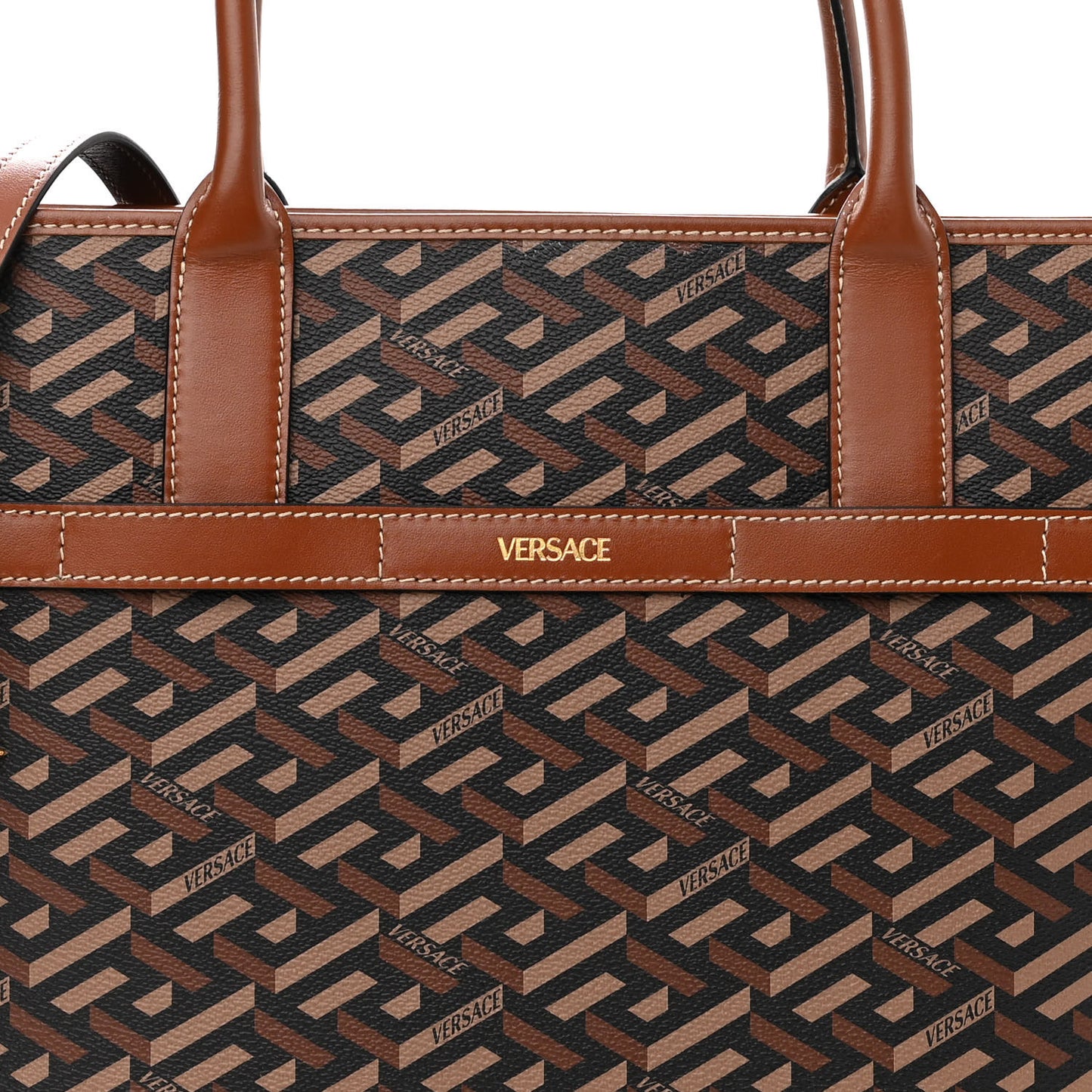 Coated Canvas Calfskin La Greca Signature Tote Bag Black Caramel