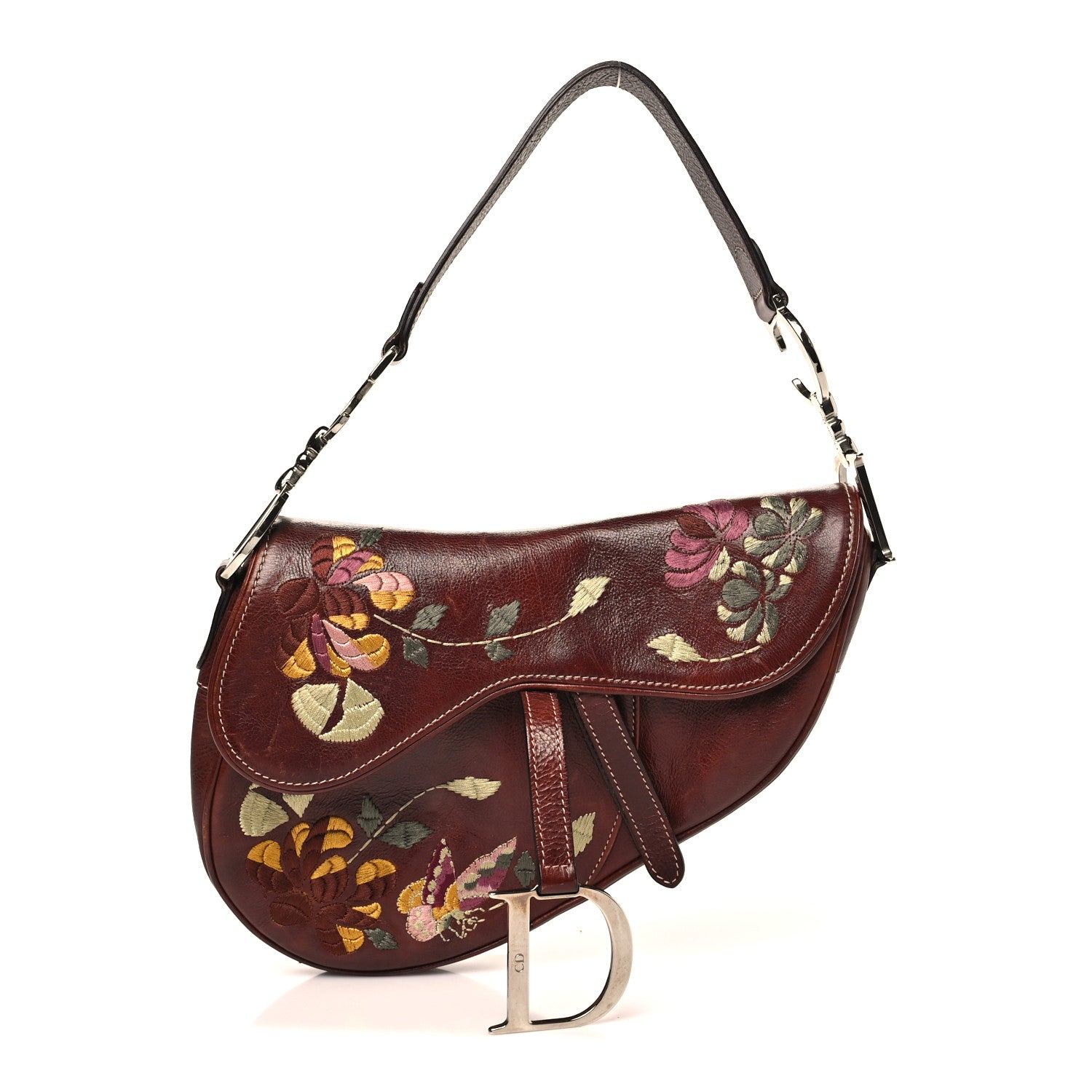 Christian Dior Calfskin Embroidered Romantic Flowers Saddle Bag Brown 1 of 13