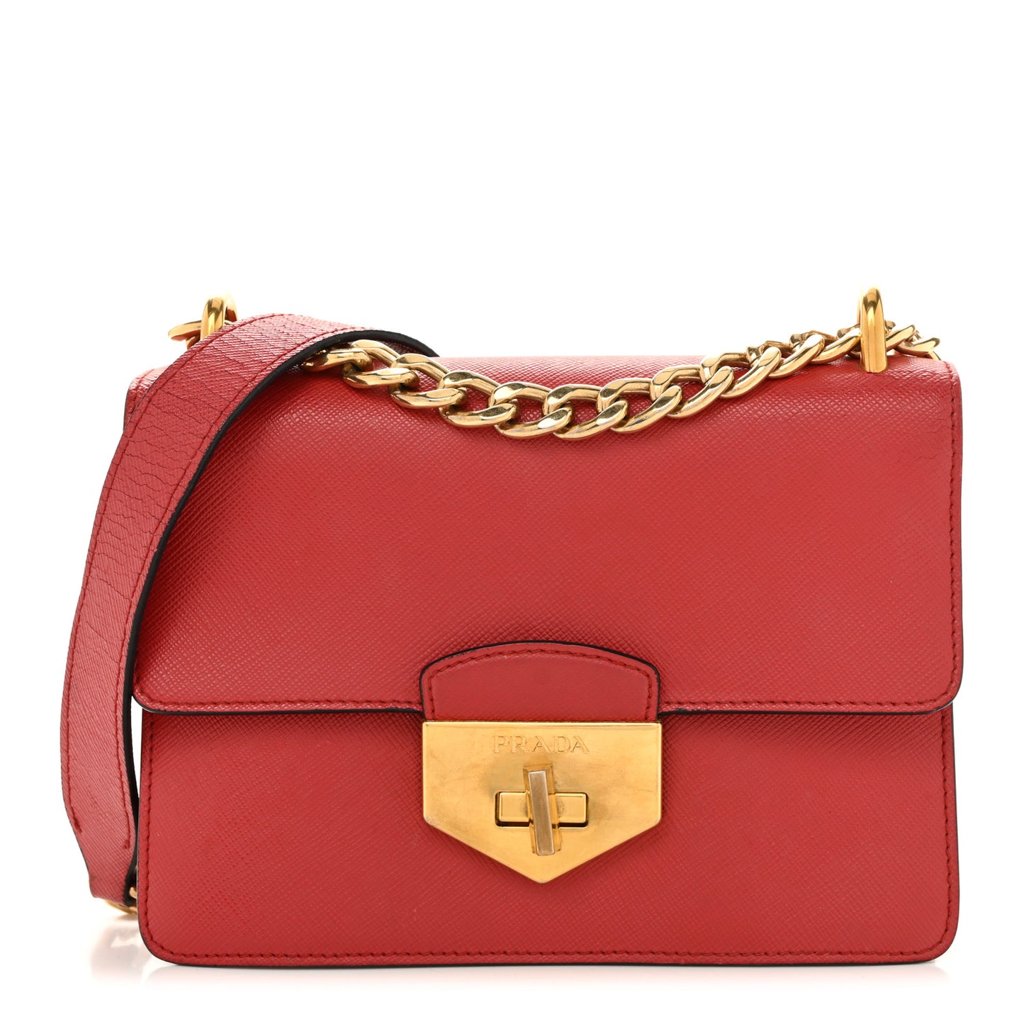 Saffiano Turn Lock Chain Shoulder Bag Fuoco