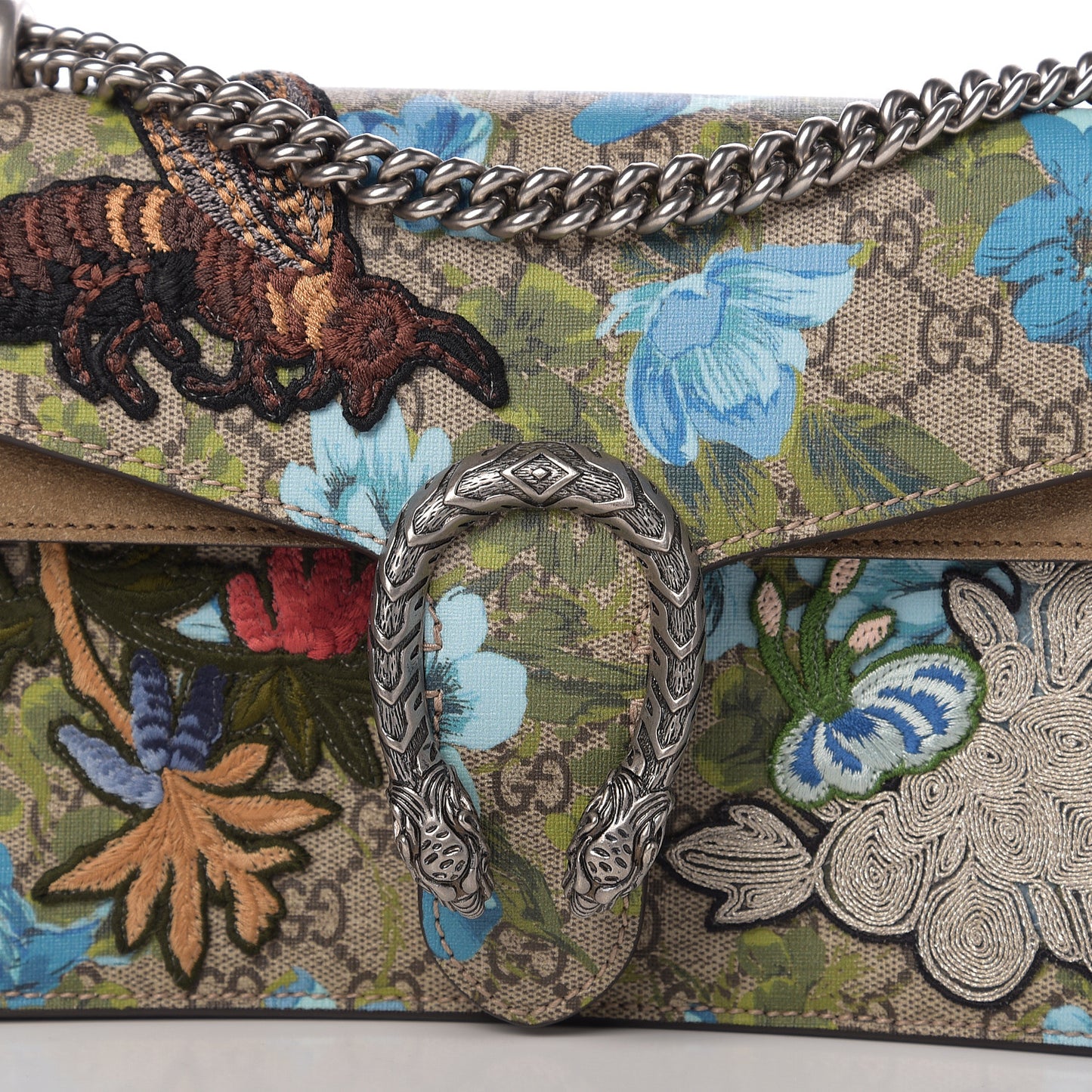 GG Supreme Monogram Blooms Print Embroidered Small Dionysus Shoulder Bag Blue Taupe