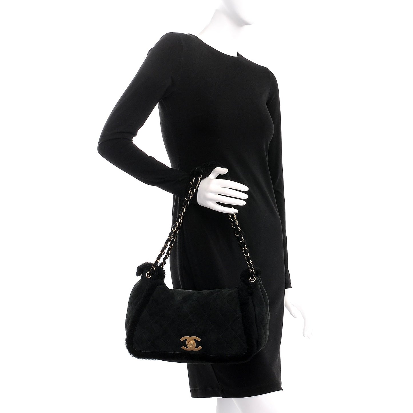 Shearling Suede Quilted Fur Flap Black