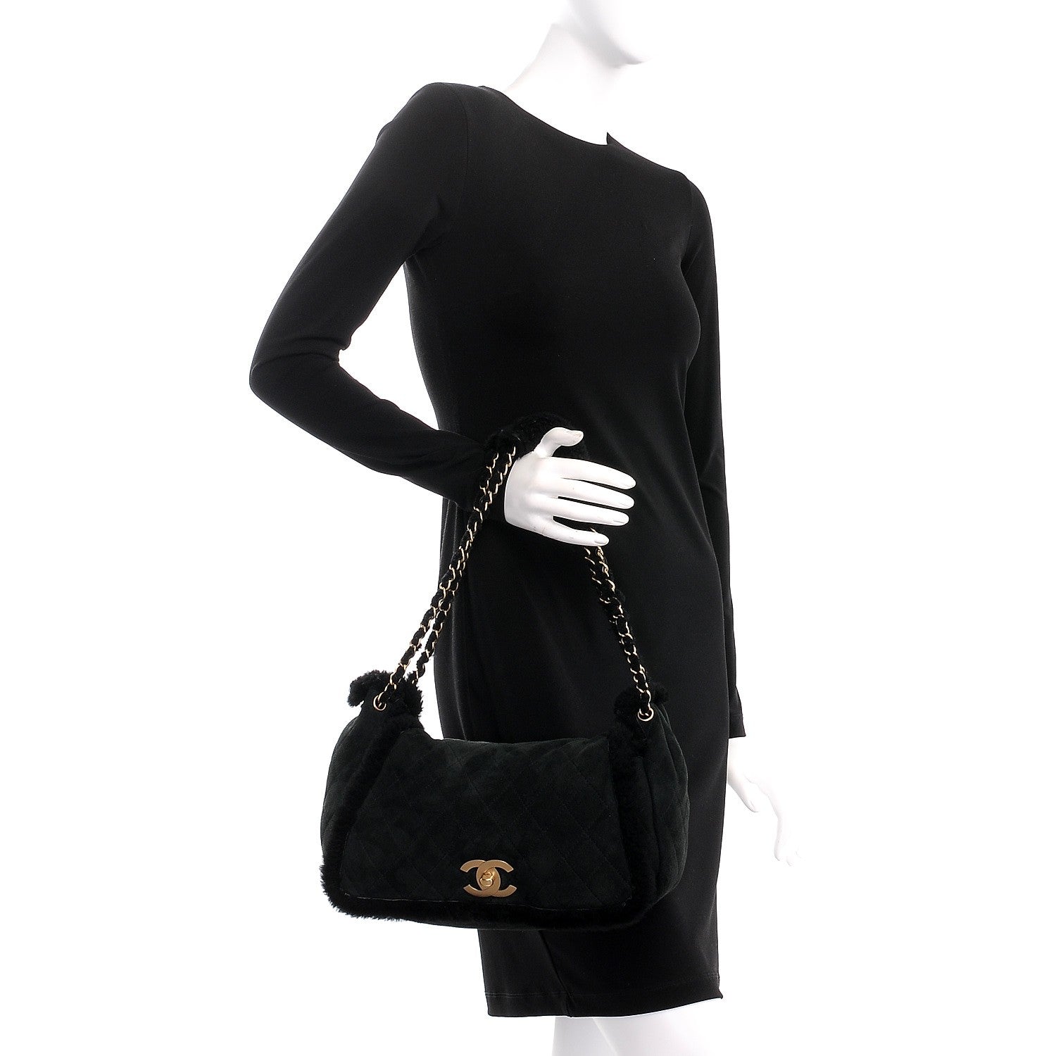 Chanel Shearling Suede Quilted Fur Flap Black 2 of 10