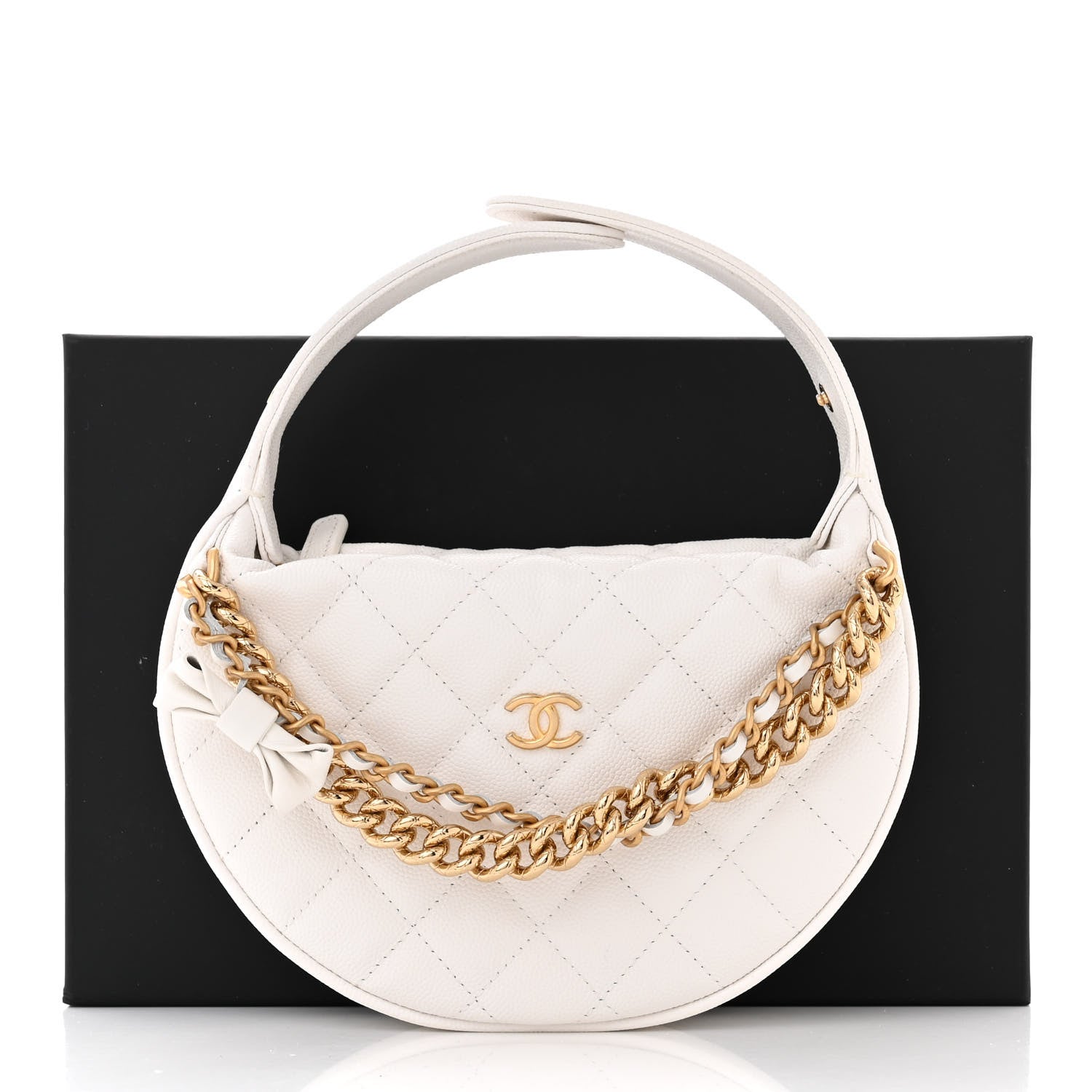 Chanel Shiny Caviar Quilted Bow Pouch Hobo White 11 of 11