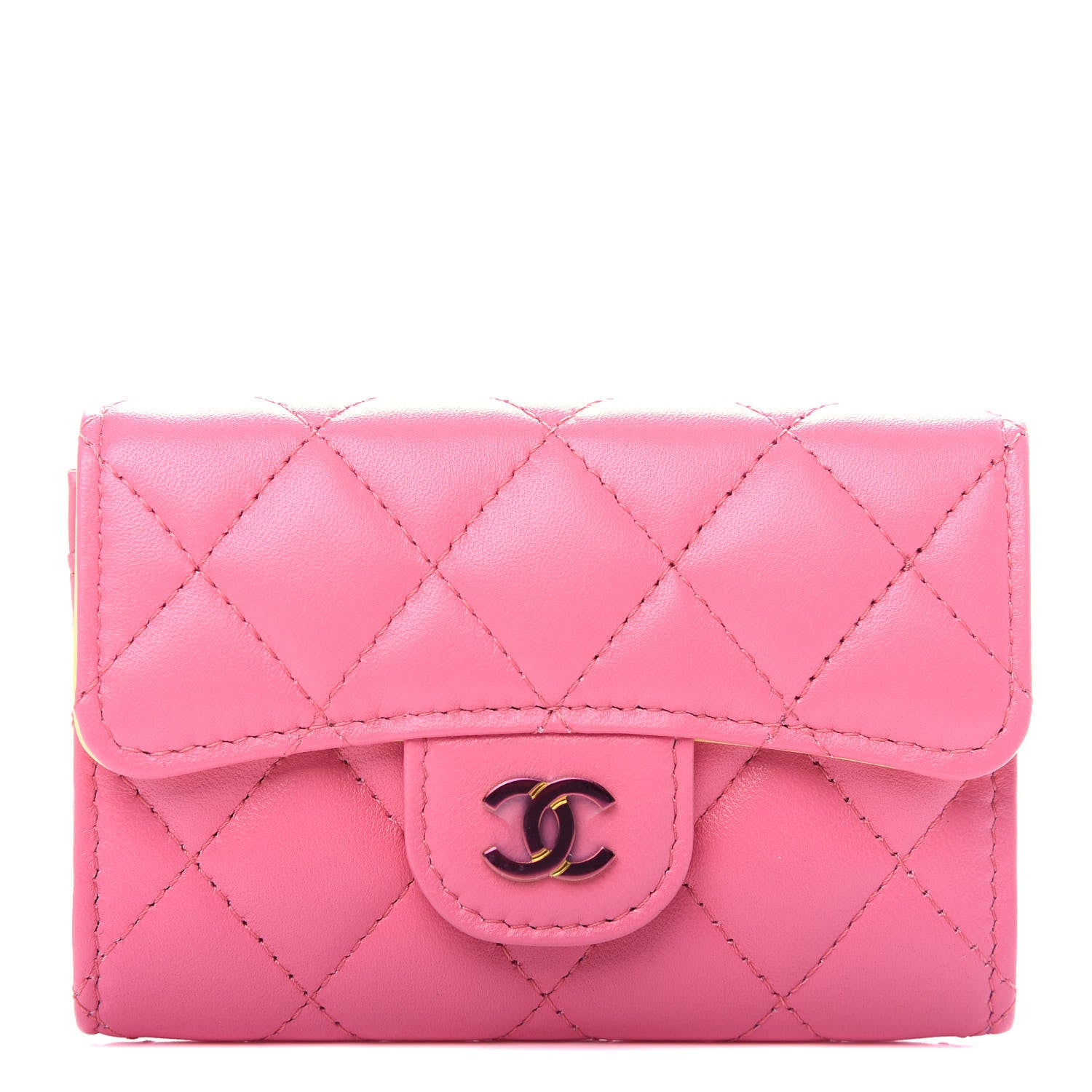 Chanel Lambskin Quilted Flap Card Holder Wallet Pink Yellow 1 of 9