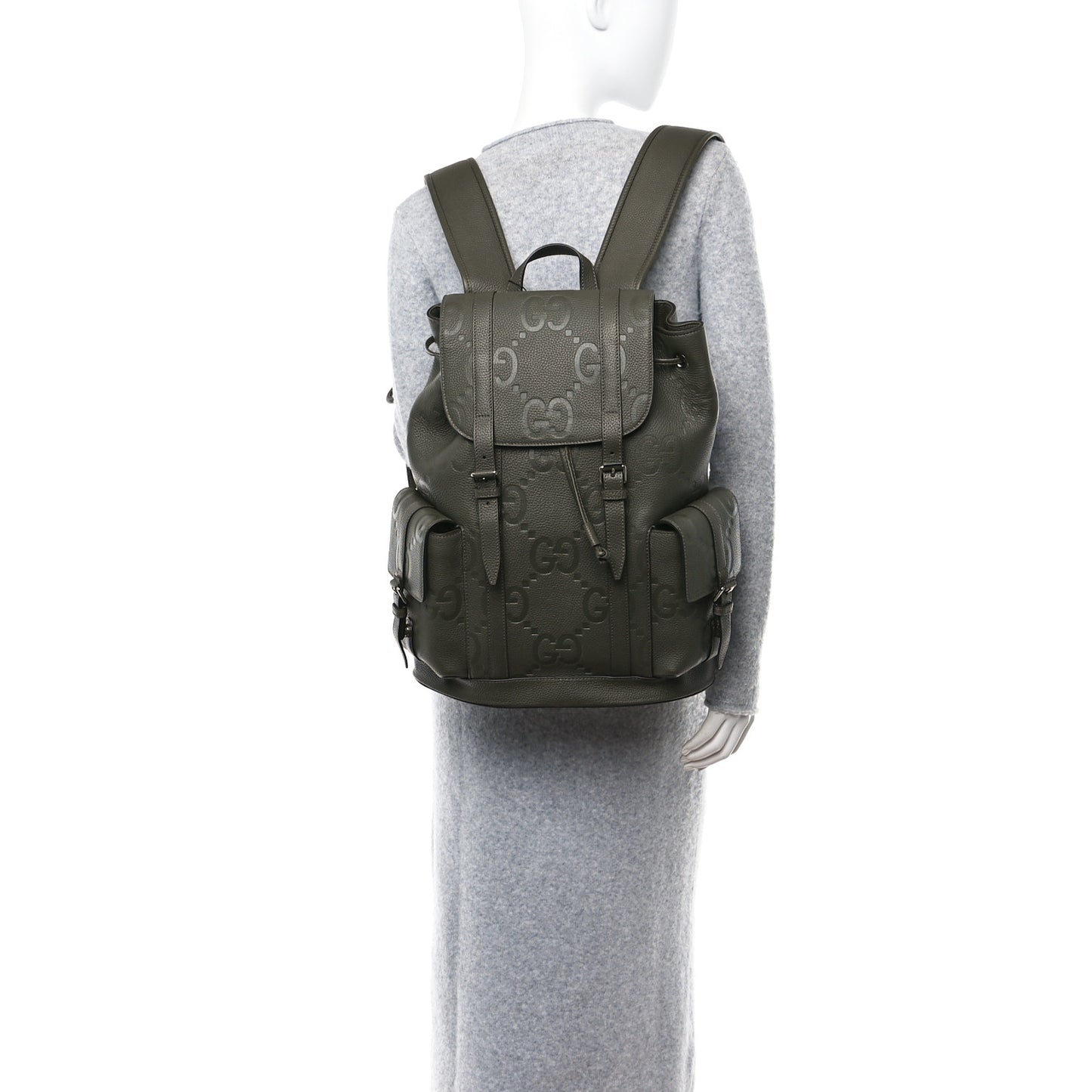 Piuma Calfskin Jumbo GG Embossed Double Buckle Backpack Vintage Olive