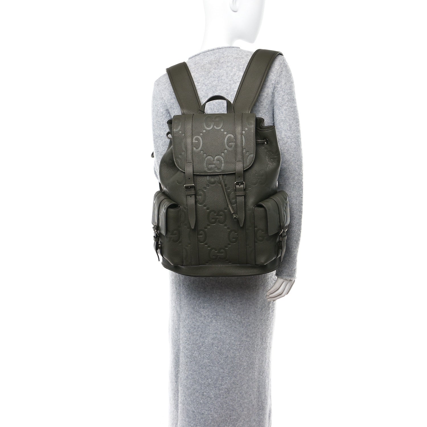 Gucci Piuma Calfskin Jumbo GG Embossed Double Buckle Backpack Vintage Olive 2 of 10