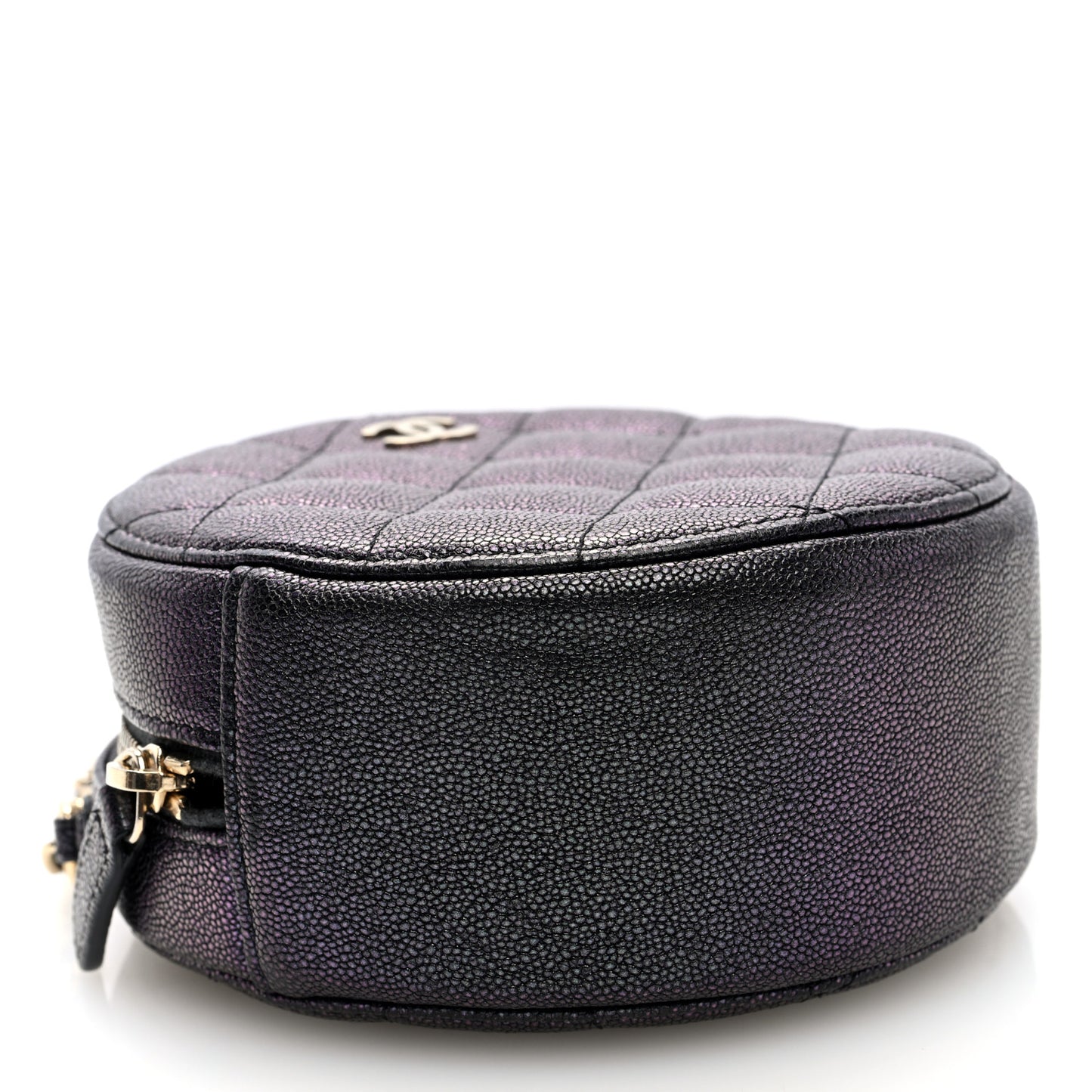 Iridescent Caviar Quilted Round Clutch With Chain Black
