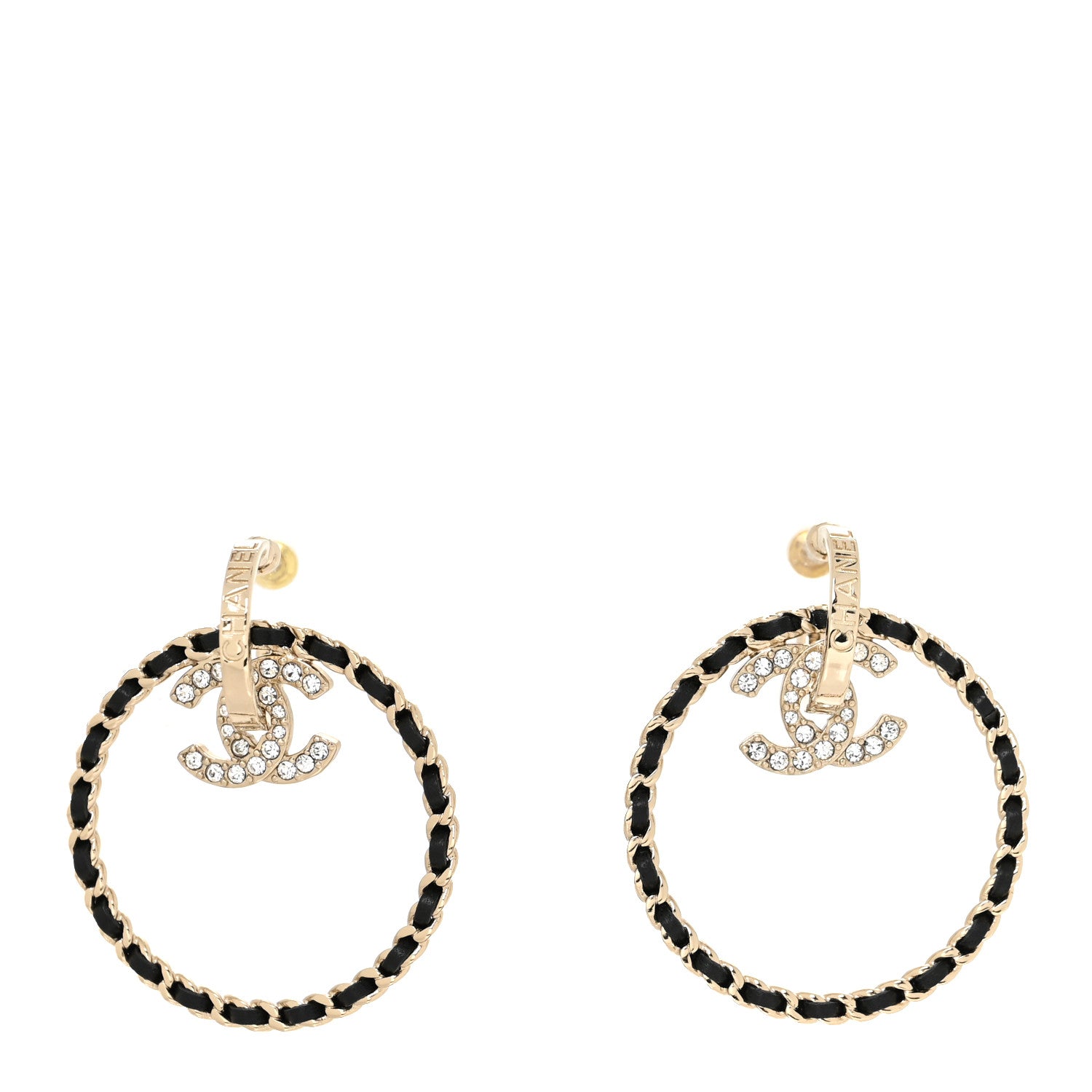 Chanel Lambskin Crystal CC Round Earrings Black Gold 1 of 4